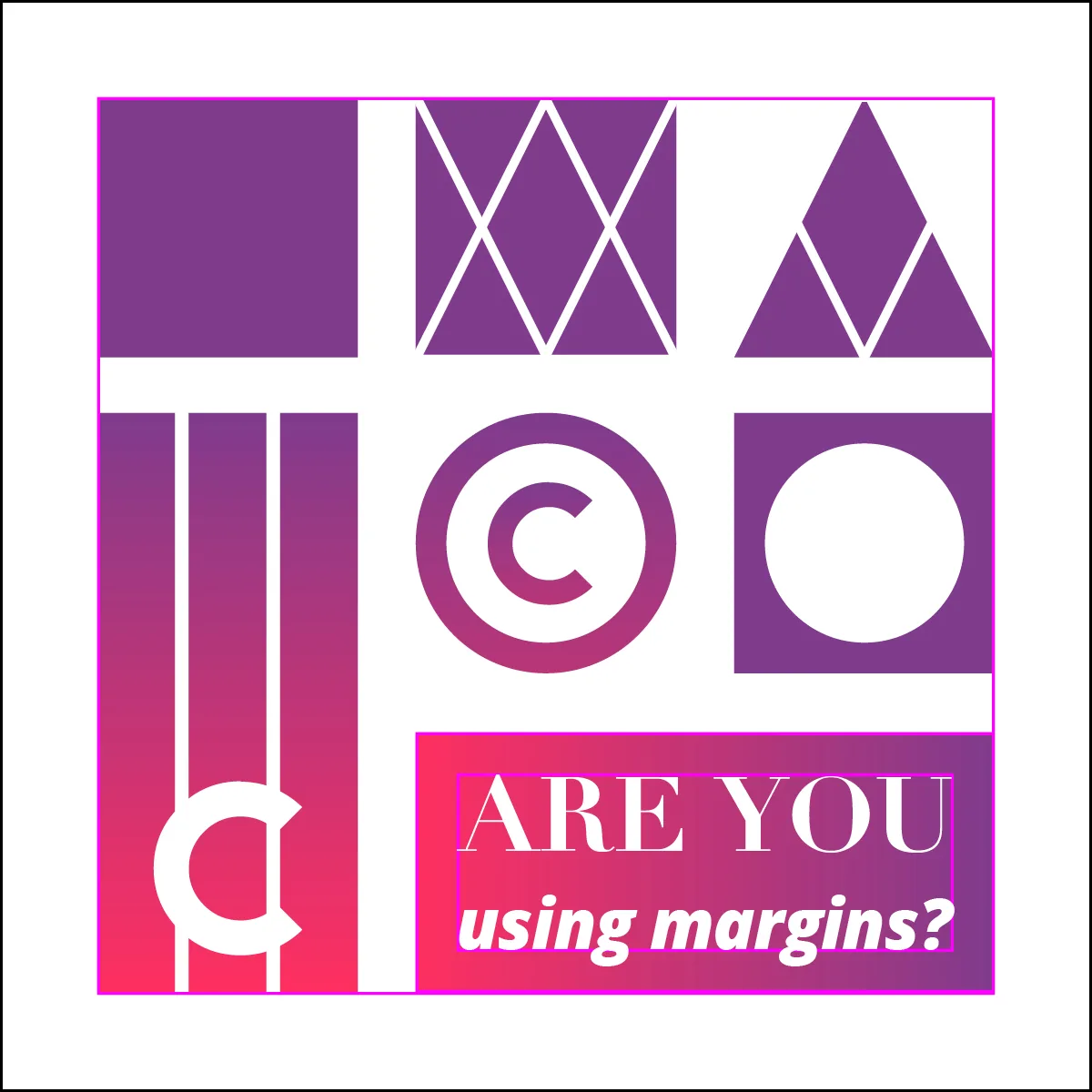 Composizione grafica con forme geometriche viola e rosa che mostra l’uso corretto dei margini nei progetti eLearning