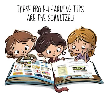 Tre personaggi cartoon leggono insieme un grande libro aperto con pagine colorate, simbolo di apprendimento condiviso