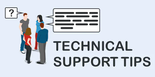 Quattro persone discutono suggerimenti per il supporto tecnico con fumetti e testo tecnico a lato