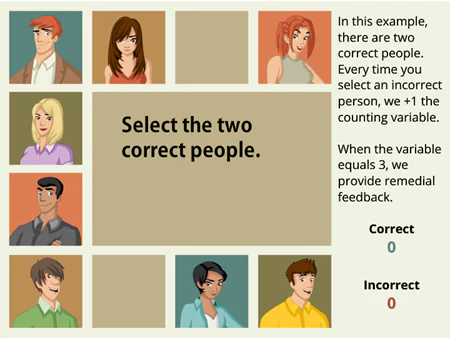 Interfaccia e-learning con personaggi da selezionare e conteggio risposte corrette e sbagliate per tracciare l’interazione
