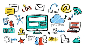 Disegno colorato con simboli di social media, notifiche e interazioni che rappresentano il sovraccarico informativo
