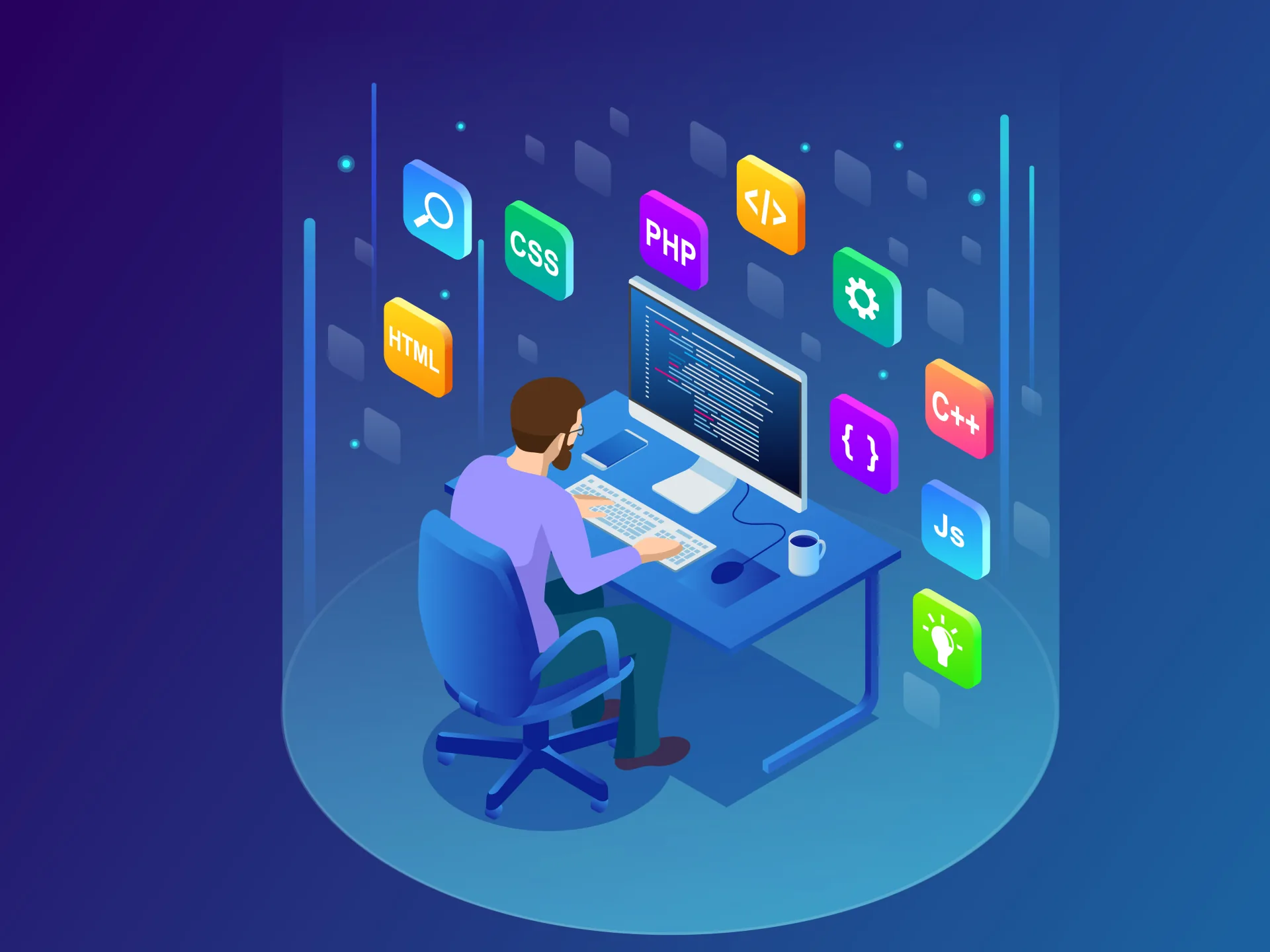 Un uomo al computer circondato da icone di linguaggi di programmazione rappresenta la verifica tecnica nei corsi e-learning