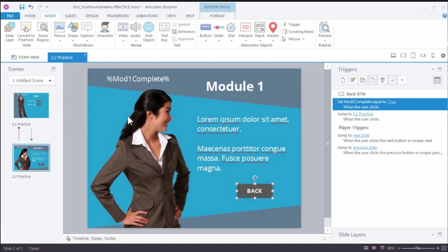 Schermata di Articulate Storyline con una slide e-learning che mostra un personaggio femminile e testo segnaposto