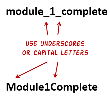 Esempio visivo di convenzioni per nominare variabili in e-learning con underscore o lettere maiuscole
