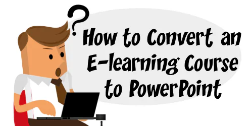 Illustrazione di una persona sorpresa al computer con la scritta su come convertire un corso e-learning in PowerPoint