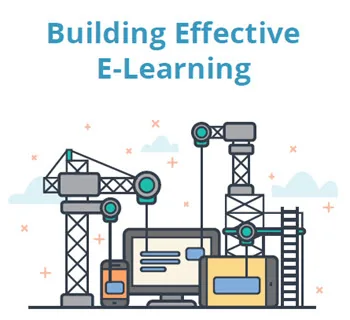 Illustrazione di dispositivi digitali e gru che simboleggiano la costruzione di corsi e-learning efficaci