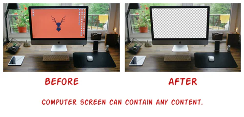 Scrivania con computer iMac, schermo prima con sfondo arancione e poi trasparente per inserire contenuti personalizzati