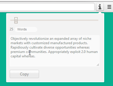Finestra popup di un'estensione browser che genera testo segnaposto in stile corporate per corsi eLearning