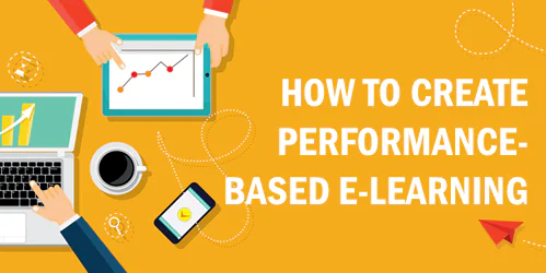 Due mani interagiscono con laptop e tablet che mostrano grafici accanto al testo su corsi e-learning basati sulle performance