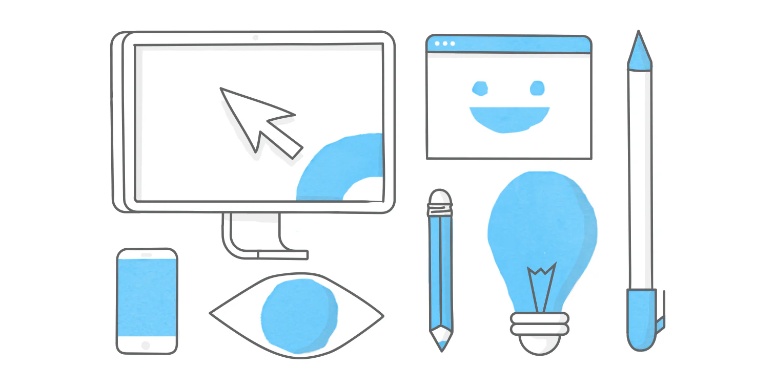 Illustrazione con monitor, matita, lampadina, smartphone e altri simboli che collegano creatività e progettazione e-learning