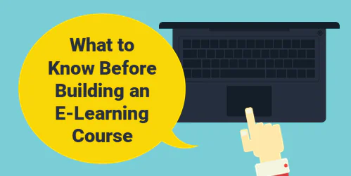 Illustrazione con mano che indica un laptop e fumetto giallo con testo su cosa sapere prima di creare un corso elearning