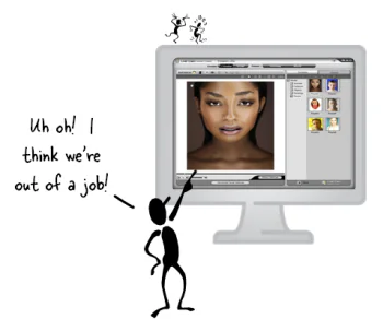 Monitor con software CrazyTalk che mostra un avatar animato e un omino stilizzato che commenta la scena