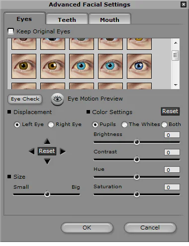 Finestra di impostazioni avanzate per occhi di un avatar animato con opzioni di colore, dimensione e movimento