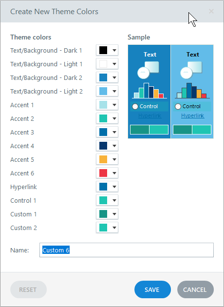 Finestra di creazione dei colori tema in Articulate Storyline 360 con anteprima delle combinazioni di accenti e sfondi