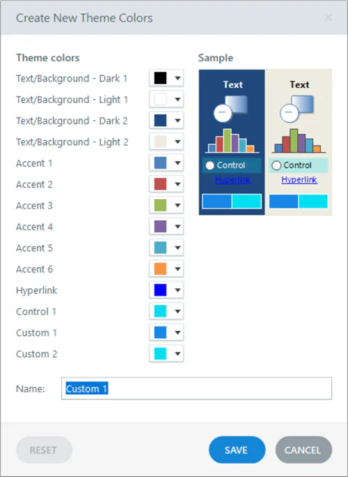 Finestra di creazione dei colori tema con anteprima e selezione personalizzata in un editor e-learning