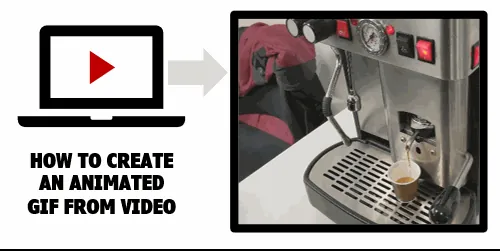 Schema che mostra la trasformazione di un video su computer in una GIF animata di una macchina da caffè in funzione