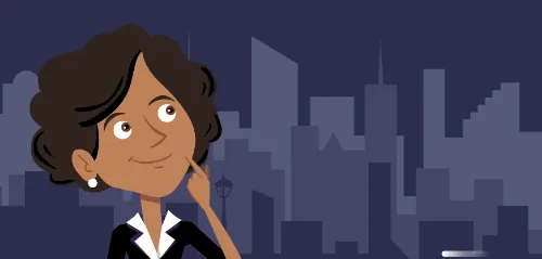 Donna illustrata in stile cartoon riflette davanti a uno sfondo urbano stilizzato, esempio di GIF animata creata da video