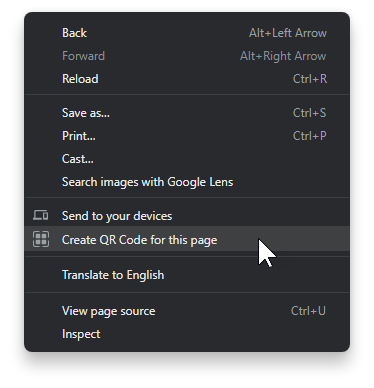 Menu contestuale di Google Chrome con l'opzione evidenziata per creare un codice QR per la pagina web