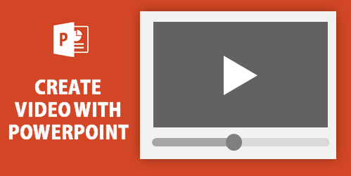 Grafica con logo PowerPoint, lettore video stilizzato e testo create video with PowerPoint su sfondo arancione
