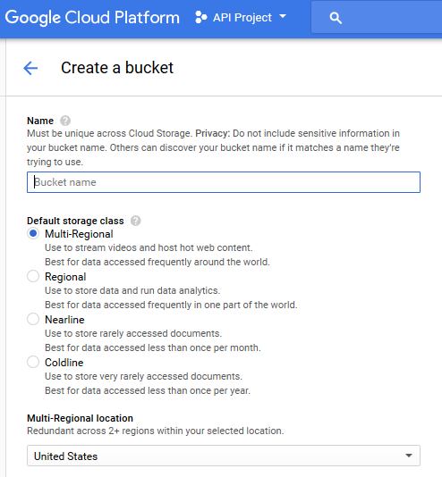 Modulo di creazione bucket su Google Cloud Storage con opzioni di classe di archiviazione per condividere corsi eLearning