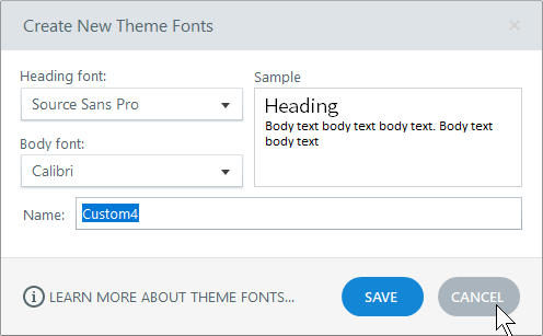 Finestra di creazione dei font tema in Articulate Storyline con selezione di font per titoli e corpo testo
