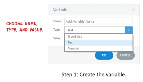 Finestra di dialogo per la creazione di una variabile con selezione di nome, tipo e valore in un corso e-learning