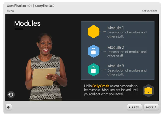 Schermata di un corso e-learning in Articulate Storyline 360 con dashboard per testare variabili e moduli bloccati