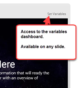 Pulsante Set Variables che apre una dashboard per gestire le variabili in una slide di Articulate 360