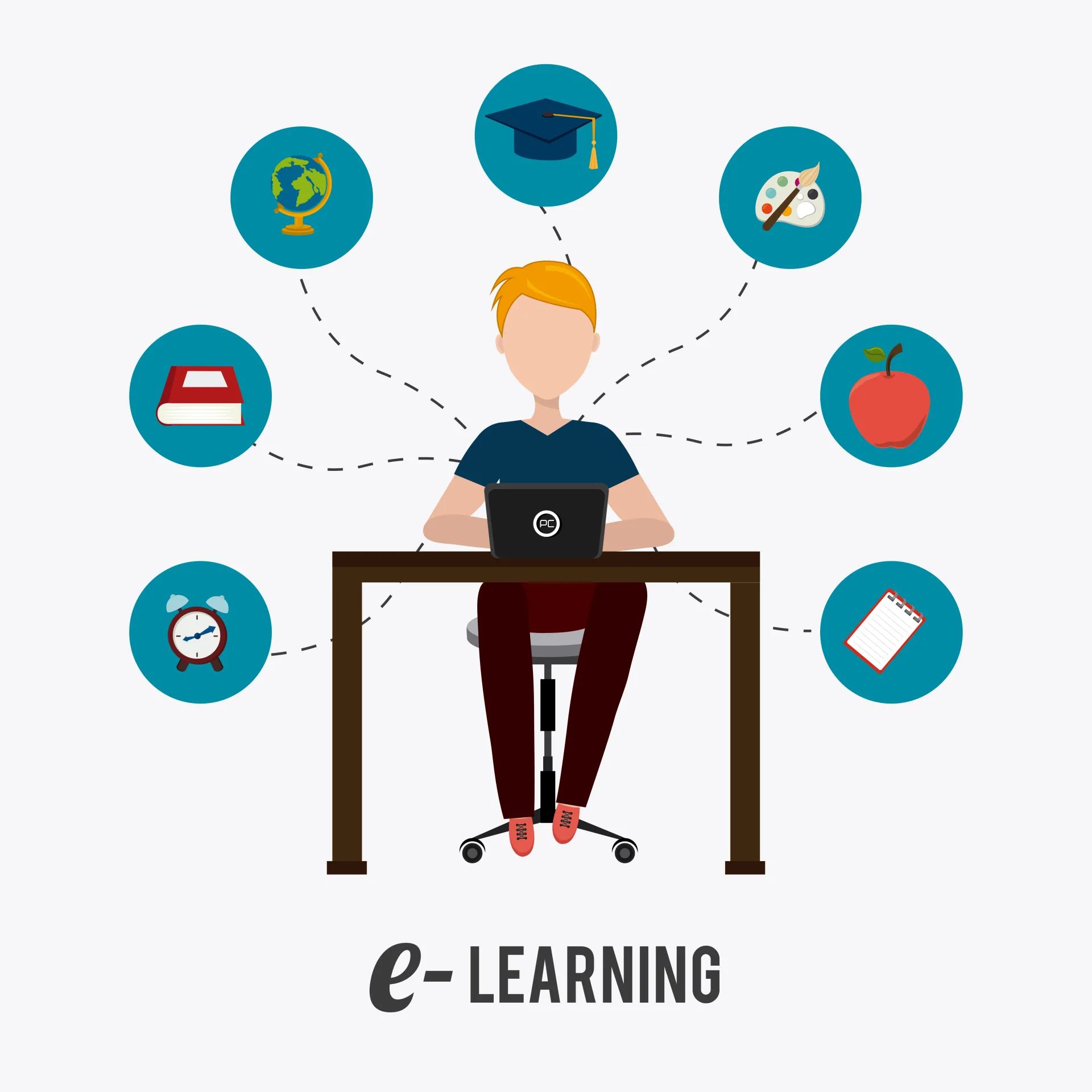 Studente al computer circondato da icone che rappresentano strumenti e concetti dell’e-learning e del deep learning