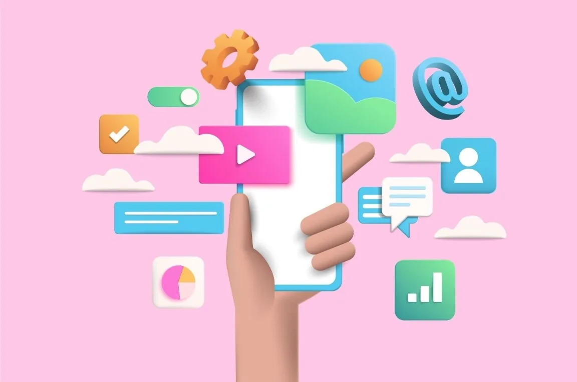 Mano che tiene uno smartphone circondato da icone colorate che rappresentano accessibilità e usabilità digitale