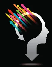 Sagoma di una testa stilizzata con frecce colorate che simboleggiano il processo creativo e il design thinking nell’eLearning