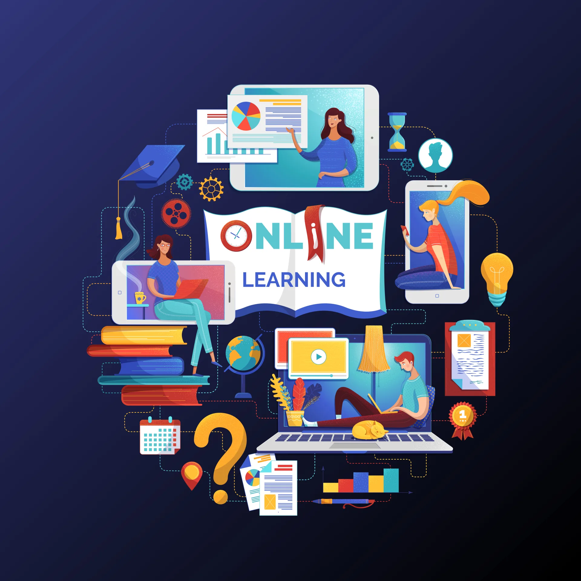 Persone che studiano e interagiscono con dispositivi digitali e materiali didattici in un ambiente di apprendimento online