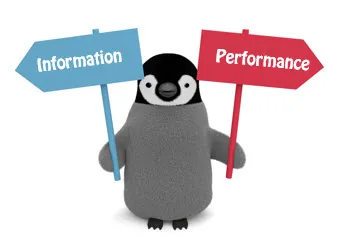 Pinguino stilizzato con due cartelli Information e Performance per distinguere i tipi di corsi e-learning