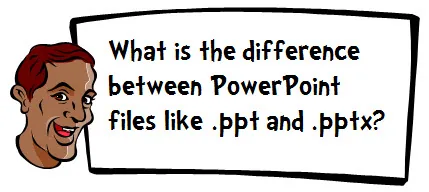 Illustrazione con domanda sulla differenza tra file PowerPoint .ppt e .pptx utile per spiegare i formati nei corsi e-learning