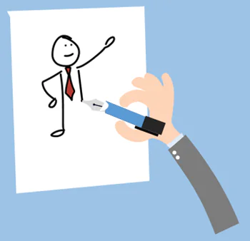 Una mano disegna un personaggio stilizzato con cravatta rossa su un foglio, esempio di creazione per il visual thinking