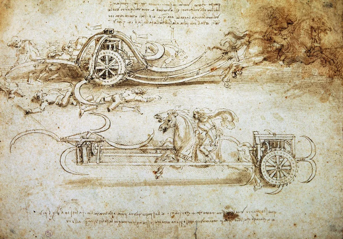 Disegno tecnico di Leonardo da Vinci con macchine e figure umane, simbolo di creatività e sperimentazione per l’e-learning