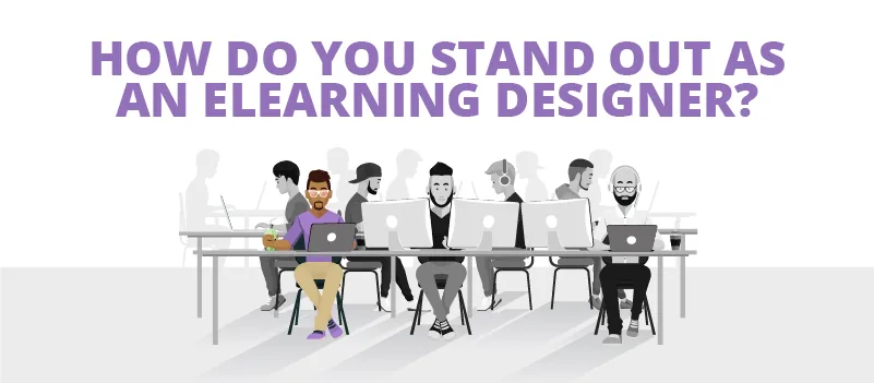 Illustrazione di un gruppo di designer eLearning al computer, con uno in primo piano evidenziato rispetto agli altri