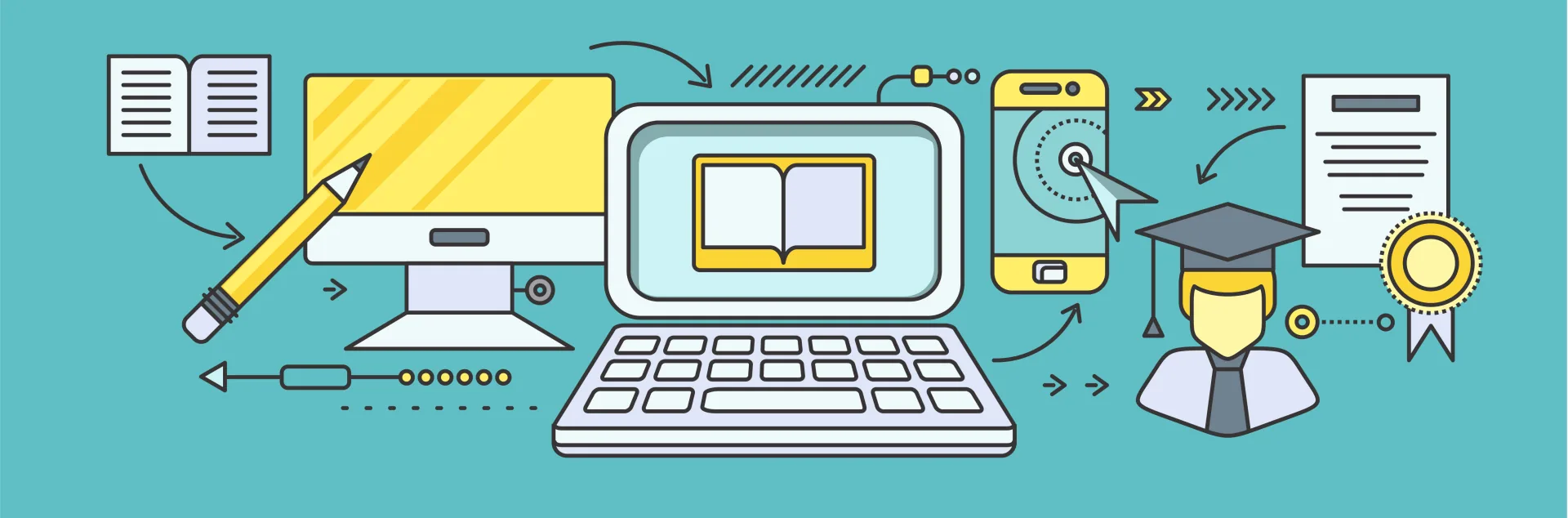 Illustrazione di dispositivi digitali, libri e simboli di apprendimento collegati per l’accesso offline ai corsi eLearning