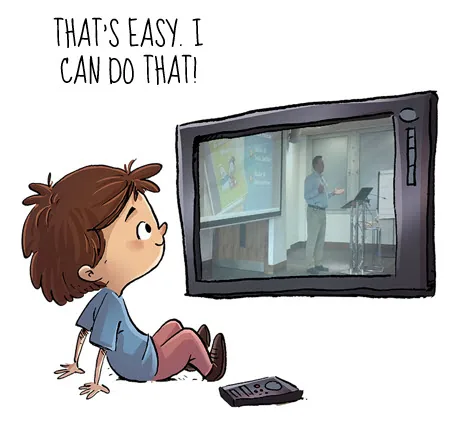 Bambino guarda una presentazione e-learning in TV e si sente ispirato a provarci anche lui