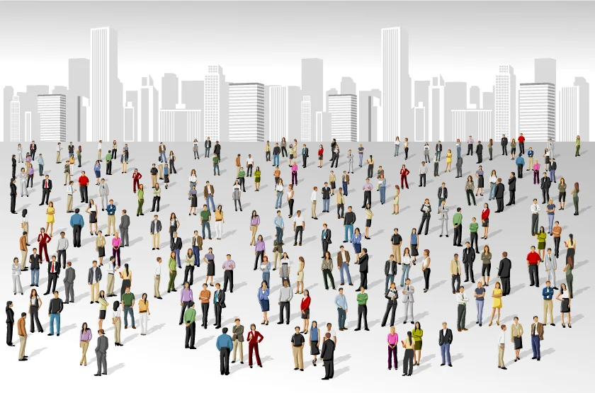 Gruppi di persone stilizzate in piedi su sfondo urbano con grattacieli, simbolo di diversità nei contesti eLearning