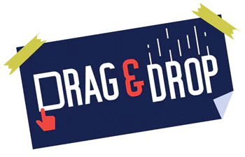 Grafica con la scritta Drag & Drop e icona mano che rappresenta l’interazione nei corsi e-learning