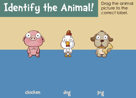 Esempio di interazione drag and drop con animali da trascinare sulle etichette corrette in un corso e-learning