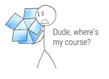 Omino stilizzato con logo Dropbox in mano e testo che esprime la perdita di accesso a un corso elearning