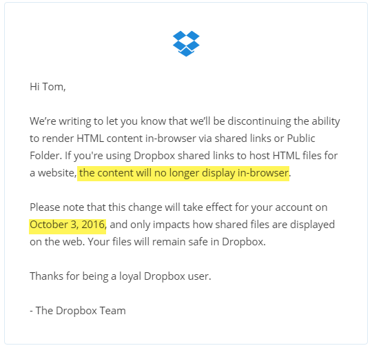 Messaggio ufficiale Dropbox che annuncia la fine della visualizzazione di file HTML tramite link condivisi
