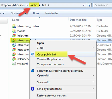 Menu contestuale di Dropbox su Windows con l’opzione per copiare il link pubblico di un file HTML