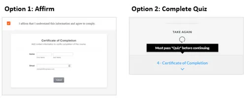 Due esempi di gate per completare un corso eLearning senza LMS: modulo di conferma e quiz obbligatorio