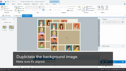 Editor di Articulate Storyline 2 con una griglia di personaggi e istruzioni per duplicare l’immagine di sfondo