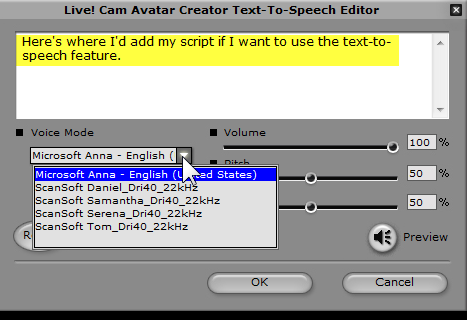 Finestra di editing text-to-speech di CrazyTalk con selezione voce e script per avatar animati nei corsi e-learning
