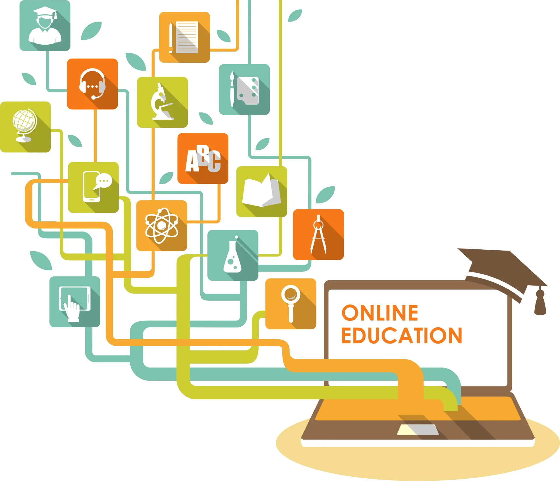 Laptop con la scritta online education e icone collegate che rappresentano strumenti e concetti dell’apprendimento digitale