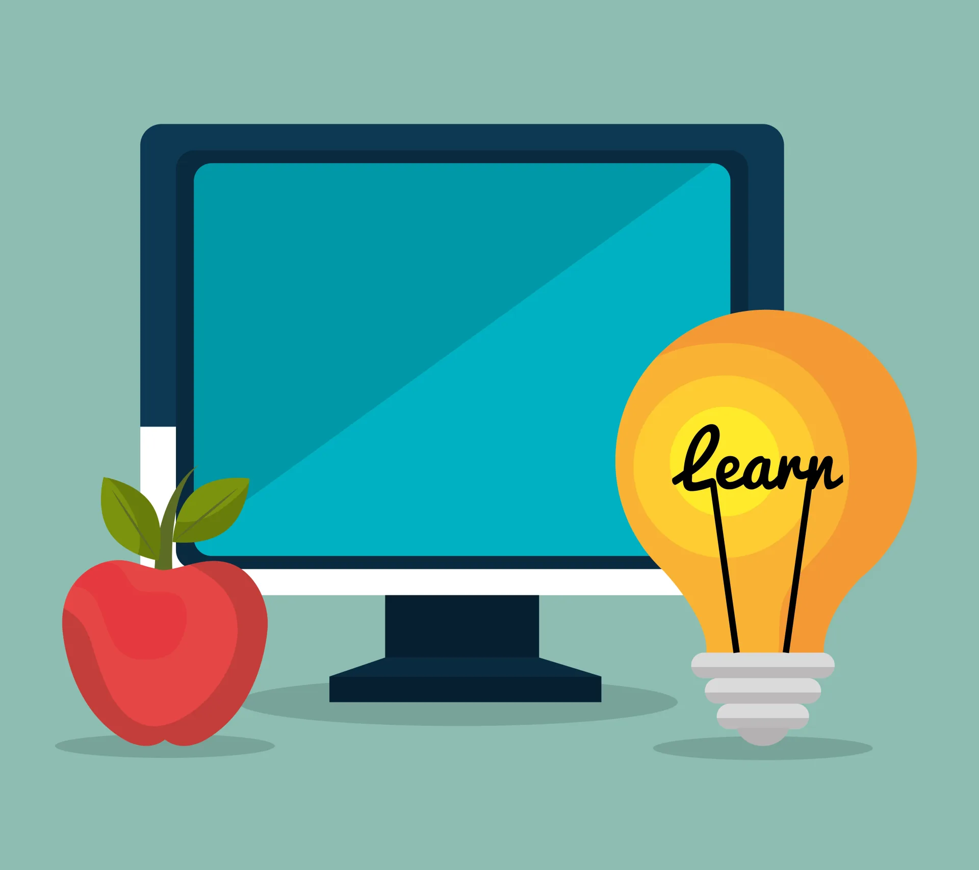Monitor, mela e lampadina con la scritta learn rappresentano il cambiamento nell’apprendimento digitale